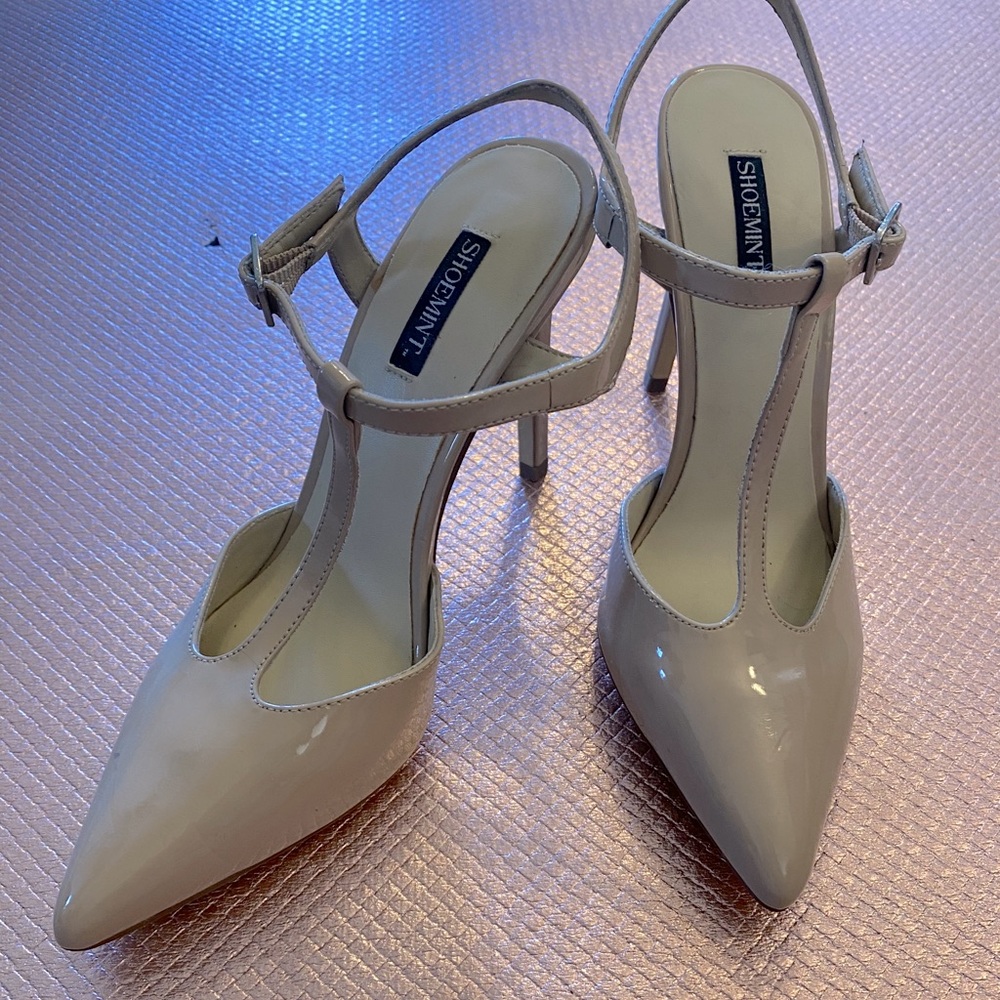 Nude Patent T-Strap Stiletto Heels